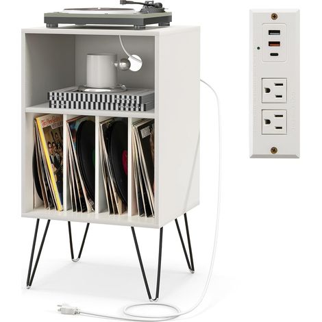 COSTWAY Supporto per Giradischi, Porta Vinili con 5 Scomparti di Archiviazione, Presa di Corrente e Porta USB e TYPEC, per Soggiorno, Camera da Letto e Ufficio, 48 x 40 x 88 cm (Bianco) (1/5)