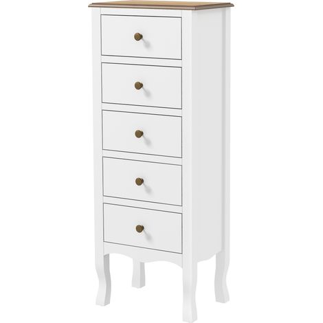 Chiffonnier 5 tiroirs, Meuble de rangement compact blanc avec poignée bouton effet laiton (1/5)