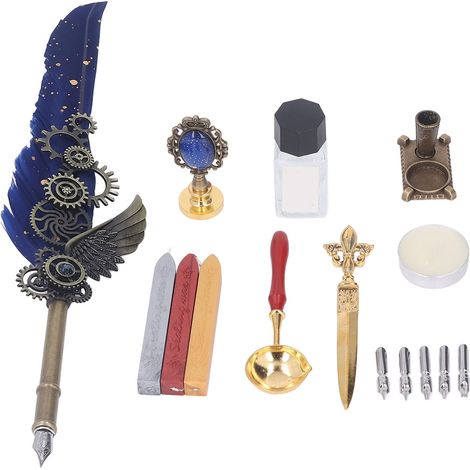 Lot de plumes rétro bleu marine : porte-plume en acier, base bougie, cire à cacheter, ouvre-lettre, tampon - coffret élégant pour correspondance vintage. (1/5)