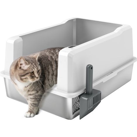 Lettiera per gatti XXL impermeabile con bordi rialzati, ciotola e paletta in acciaio inox, realizzata in ABS, 71 x 50,8 x 35,5 cm, bianca.