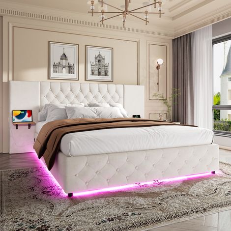 Gepolstertes Doppelbett Bett mit Stauraum 160x200 cm LED-USB Breites Kopfteil Lattenrost Samtbett für Erwachsene Modernes Design Hydraulische Hebefunktion Unterbett-Aufbewahrung Beige