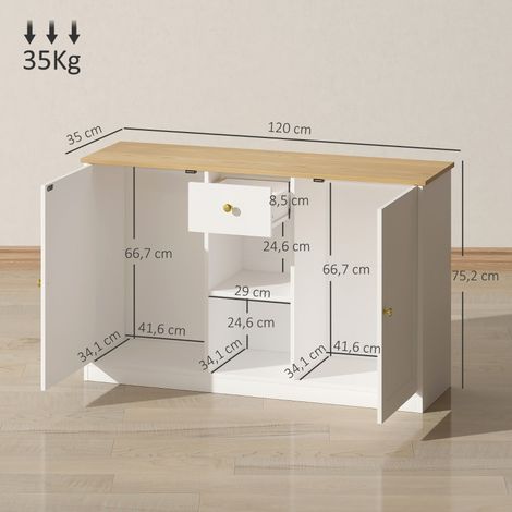 Buffet bas avec tiroir, 2 portes, 2 étagères ouvertes, meuble d'appoint pour cuisine et salon, 120 x 35 x 75,2 cm, blanc. (1/5)