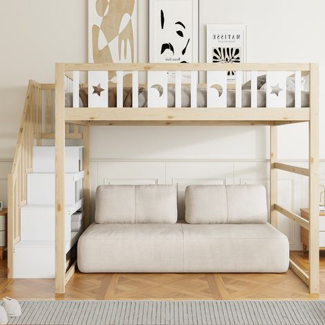Lit Superposé 140x200cm - Avec Étagères & Espace Canapé - Pour Enfant, Chambre - Bois Naturel (1/5)