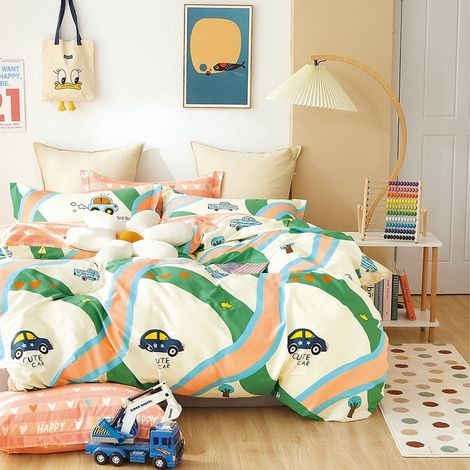Parure de lit enfant 160x200 cm crème, vert, orange, motifs voitures mignonnes (1/2)