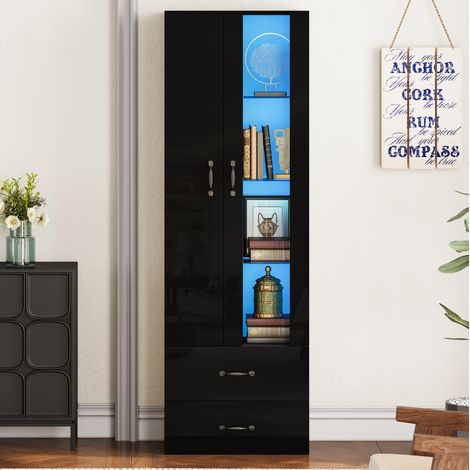 LED-Standvitrine mit 2 Türen und 2 Schubladen, 60 x 35 x 182,5 cm, Schwarz OKMYHOME (1/5)