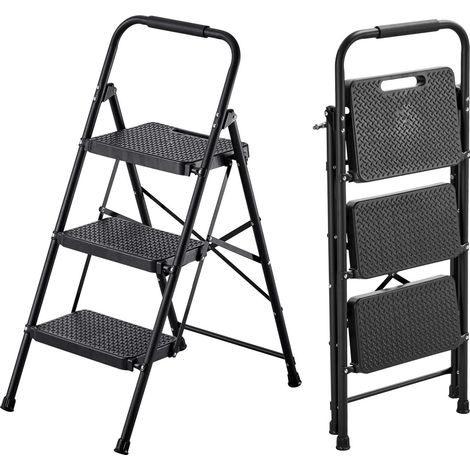 Marchepied 3 marches, escabeau pliant avec large pédale antidérapante et poignée confortable, acier léger, capacité 272 kg, usage multiple (cuisine, maison, bureau), noir. (1/5)