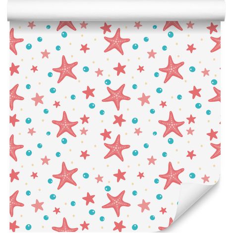 Carta da parati con stelle marine nei colori bianco, corallo e acquamarina per soggiorno e camera da letto, 50x1000 cm. (1/5)