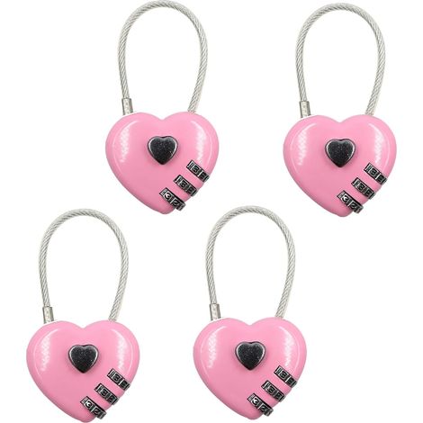 Lot de 4 cadenas à combinaison avec code à 3 chiffres, mini cadenas en forme de cœur pour bagages de voyage, petit cadenas combo avec câble en acier pour valise, sac à dos, salle de sport (rose) (1/5)