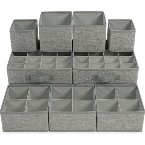 Set 9 Organizer per Cassetti e Armadio in Tessuto Traspirante grigie Scatole Salvaspazio con Scomparti Rigidi per Biancheria e Bagno Kit Completo Multimisura in TNT Antipolvere ordine in casa storage