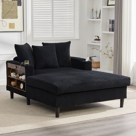 Chaiselongue 129x170cm - Tissu Corduroy Doux - LED Multicolore - Port USB - Rangements et Poche Latérale - Porte-Gobelets - 3 Coussins Inclus - Capacité 300kg - noir (1/5)