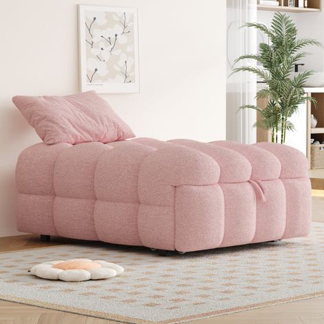 Lit capitonné 2-en-1 avec repose-pieds, canapé convertible gigogne, couchage simple, matelassé, tissu bouclé rose (1/5)