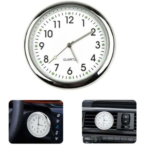 Horloge de voiture ronde blanche, autocollant lumineux pour tableau de bord, horloge à quartz compatible avec toutes les voitures (avec clip pour grille d'aération) (1/4)