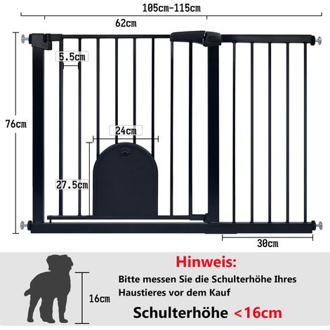 HENGMEI Barrière de protection de porte, sans perçage, pour enfants, bébés, chiens et chats, fermeture automatique à 180°, ouverture bidirectionnelle, 105 à 115 cm, noire (1/5)