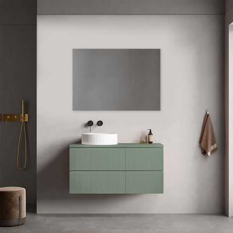 Mobile bagno sospeso cannettato reversibile 100 cm Verde Salvia per Lavabo d'appoggio Specchio Quadro - Fiji Paint Top Canneté (1/4)