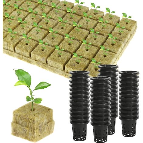 50 Pack Rock Wool Blocks with Pots, Hydroponic Grow Kit Indoor Baskets, Rock Wool Soilless Grow Cubes for Growing and Transplanting Seedlings (1/5)