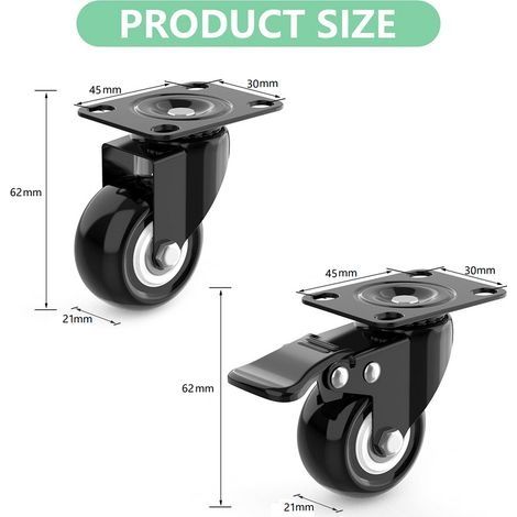 Lenkrollen für Möbel, 2 mit Bremsen + Schrauben – 40 mm, bis 80 kg – abriebfeste Rollen für schwere Lasten – Gummiräder für Transportwagen – Schwarz (1/4)