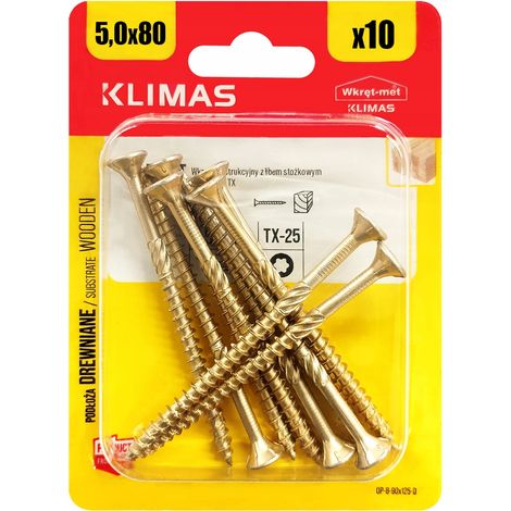 Vis Charpente Bois Klimas, 5 x 80 mm, Empreinte Torx, Tête Fraisée, Blister 10 Pièces (1/5)