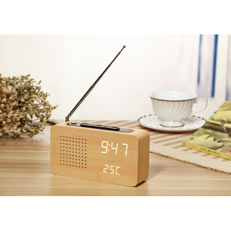 Radiosveglia retrò in legno, sveglia silenziosa, regalo originale, orologio elettronico, 16,5 x 4,5 x 9 cm, illuminazione bianca. (1/4)