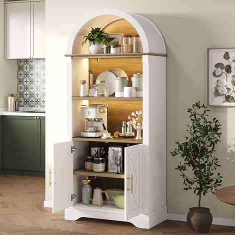 Buffet Haut 76,2x40,1x180cm, Étagères Réglables, LED, Design Arc, Colonnes Rainurées, Blanc, pour Cuisine, Salon, Salle à Manger (1/4)