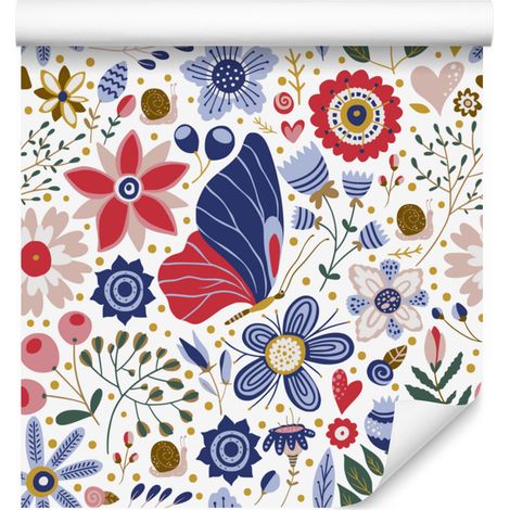 Tapete „Volksblumen“ in Weiß und Blau für Wohn- und Schlafzimmer, 50 x 1000 cm (1/5)