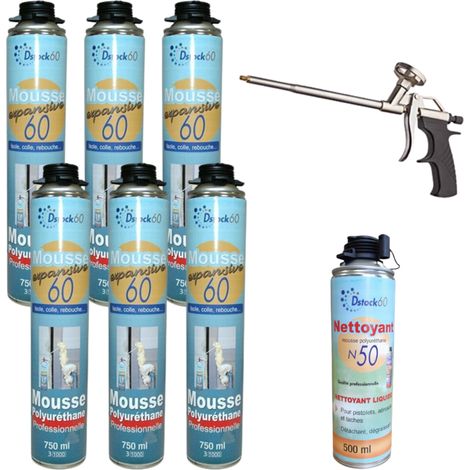 Dstock60 – Lot de 6 mousses polyuréthane expansives 750 ml – Pistolable pour intérieur et extérieur – Application précise en espaces confinés