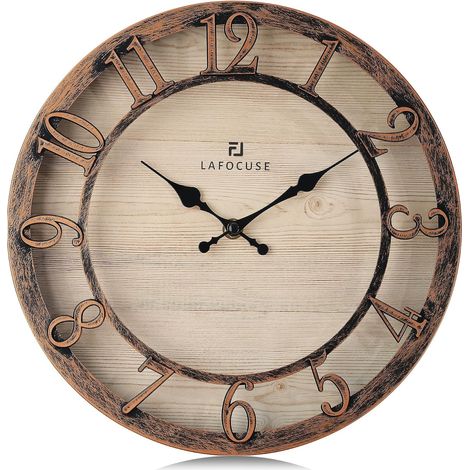30cm Horloge Murale Chiffres 3D Vintage, Silencieuse Pendule Murale Rustique Retro, Marron Shabby Chic Déco sans Tictac pour Maison Salon Cuisine Chambre Bureau (1/5)
