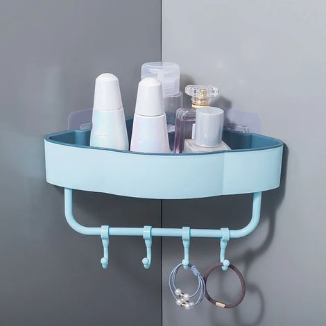 Étagère d'angle murale en plastique Support de rangement triangulaire sans poinçon avec crochets Support de rangement pour shampooing et gel douche étagères de salle de bain Bleu (1/2)