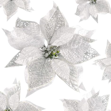 [JAMAIS UTILISÉ]12 Pièces Artificielles Fleurs de Noël Poinsettia Glitter Ornement Fleurs Etincelantes de Noël Paillettes Fleurs （Argenté）