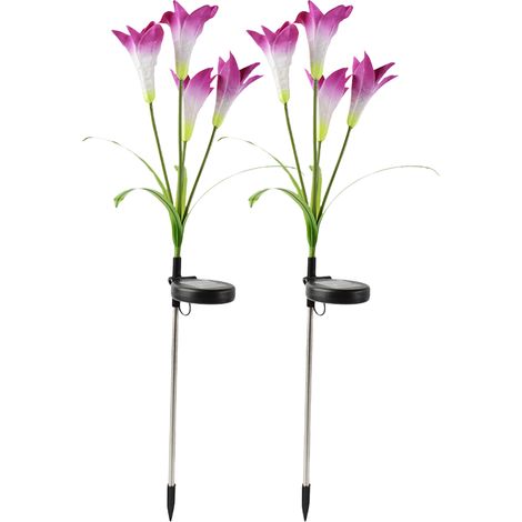 Juego de 2 luces solares con forma de lirio para montar en estacas decorativas. Iluminación LED RGB impermeable para jardín, ideal para entradas de vehículos, césped, jardines y seguridad. (1/5)