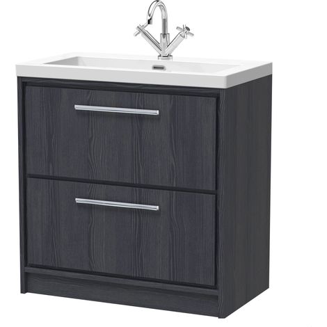 Longnor 2 Drawer Floor Standing Vanity Unit with 1 Tap Hole Modern Fireclay Basin, Woodgrain Graphite Grey, 800mm (1/4)