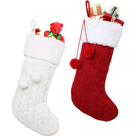 pièces - Bas de Noël - Bas de Noël tricotés - Chaussettes de Noël en tricot torsadé - Tissu non tissé - Rouge et blanc - Avec pompon - 40 cm - Pour décoration de cheminée, mur et escalier - Décoration (1/5)