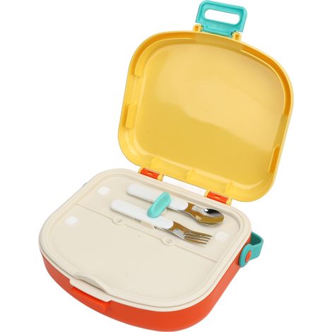 ABS-Bento-Lunchbox mit separaten Fächern, Tragegriff, auslaufsicher, Belüftungsöffnung, hitzebeständig, gelb, inklusive Löffel und Gabel (1/5)