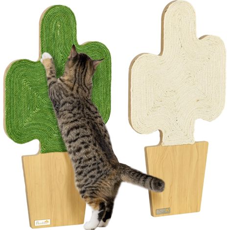 Ensemble de 2 arbres à chat/griffoirs, motif cactus, à fixer au mur, 30 cm x 60 cm, chêne, blanc et vert.