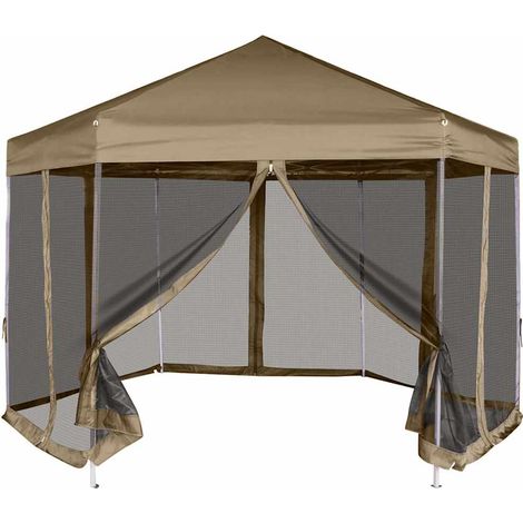 Carpa desmontable hexagonal paredes gris taupe 3,6x3,1m 220g/m²