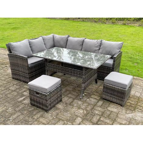 High Back Dark Mixed Grey Rattan Corner Sofa Set Outdoor Furniture Rectangular Dining Table 2 Small Footstools 8 Seater (1/4)