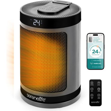 SereneLife Termoventilatore e Stufetta Elettrica da Bagno, 1500 Watt PTC Ceramico Wi-Fi Telecomando Timer 12 h 15 x 15 x 24 cm, Casa e Ufficio, Grigio, Capacità Flusso Aria Elevata, SLSPCHTRW3GY (1/5)