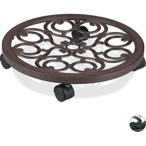 Set of 4 Relaxdays Round Plant Caddies, Metal Flower Pot Roller for Indoors & Outdoors, Antique Look, Ø 38 cm, Brown