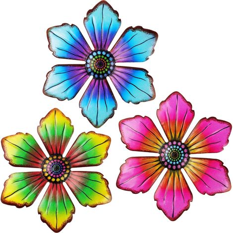 3pcs Fleur en métal, Art mural extérieur, Décoration jardin, Fer peint, Salon Cour Patio (1/5)