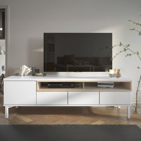 Dmora - Mueble de televisión Margaux, Aparador de salón, Mueble bajo para TV, Base de pared equipada, 156x48 h48 cm, Blanco y Roble (1/5)