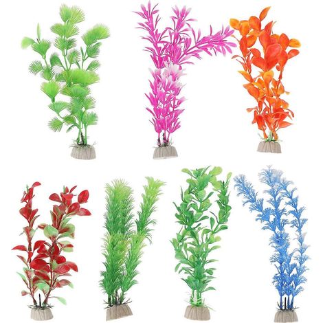 Lot de 7 plantes aquatiques artificielles en plastique pour aquarium, décoration aquatique pour la maison ou le bureau. (1/3)