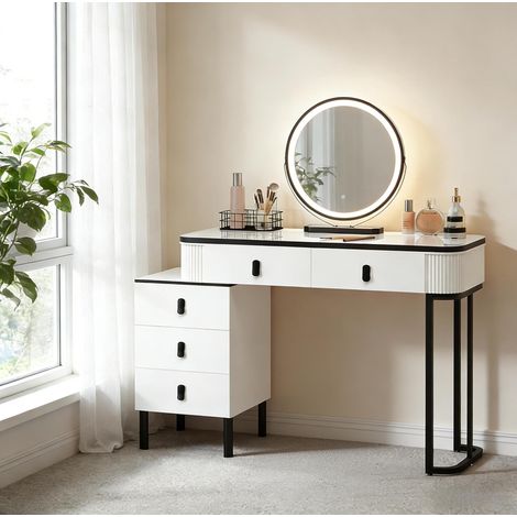 Tocador 100x40x125 cm negro y blanco en madera maciza, metal y vidrio con espejo LED regulable y 5 cajones (1/5)