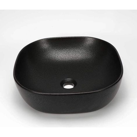 Rue Du Bain – Vasque à poser carrée en céramique noir mat 41x41 cm – Finition martelée – Sans trop plein – Pour robinet mitigeur surélevé (1/3)