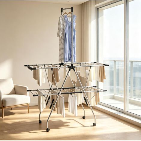 Étendoir à linge pliable 138,5x63x208 cm en inox noir, gain de place FLORAGRACE (1/5)