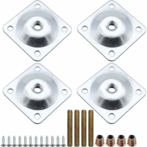 Lot de 4 Plaques de Montage de Pieds de Meubles Metal Carré Plaques de Fixation avec Boulons de Suspension et Vis Adaptateurs Fourniture pour Table Fauteuil Jambes de Canapé Sièges - Argent (1/4)