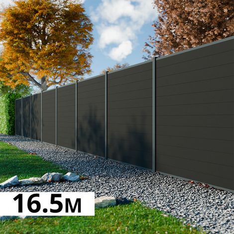 Kit Clôture Bois Composite Anthracite 16,5x1,8m RIO - Poteaux en Aluminium Gris - Brise Vue - Palissade (1/5)