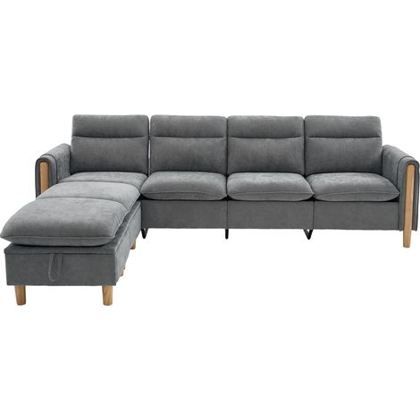 Sofá modular en U de 4 plazas en cincha gris claro con 2 pufs de almacenaje y patas de madera (1/5)