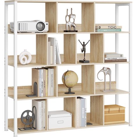 Bibliothèque 14 Casiers 4 Niveaux 120x30x120 cm Bois d'ingénierie Chêne Clair Blanc Salon chambre bureau Design casier Montage facile (1/5)