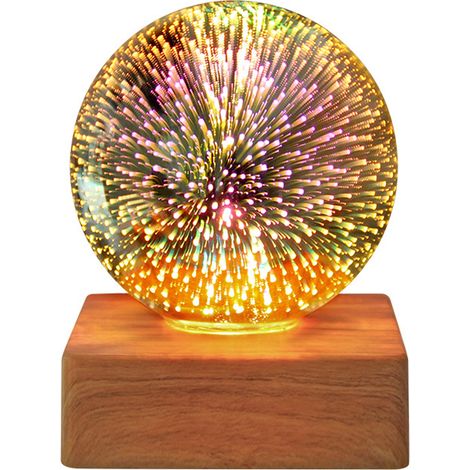 Veilleuse LED Boule de Cristal 3D, Veilleuse Feu d'Artifice LED, Lampe de Bureau Romantique, Boule de Verre Cristal Magique, Lampe Décorative avec Socle Bois