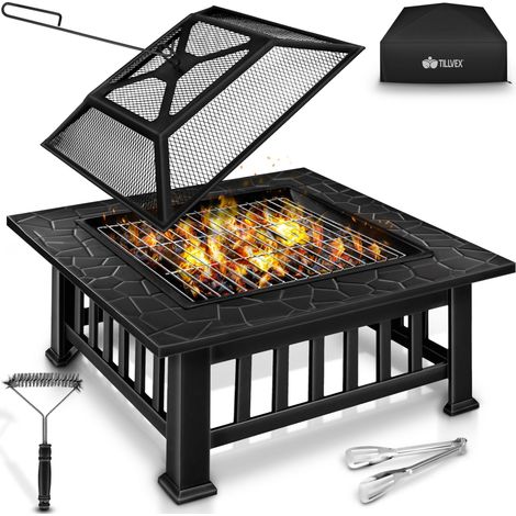 Tillvex – Brasero extérieur 3 en 1 – Foyer, barbecue à charbon avec couvercle – Acier résistant jusqu'à 500°C – Dimensions 81x81x32,5 cm