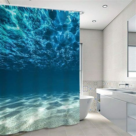 Cortina de ducha azul antimoho con gancho, cortina de ducha de tela, cortina de ducha para baño, diseño mundo submarino, 180 cm x 180 cm (1/5)
